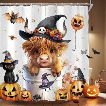 Riyidecor Halloween Highland Cow Pumpkin Autumn Fall Shower Curtain for Bathroom Decor 72Wx72H Funny Cute Cat Bat Ghost Floral Cool Art Printed Fabric Polyester Waterproof 12 Pack Plastic Hooks