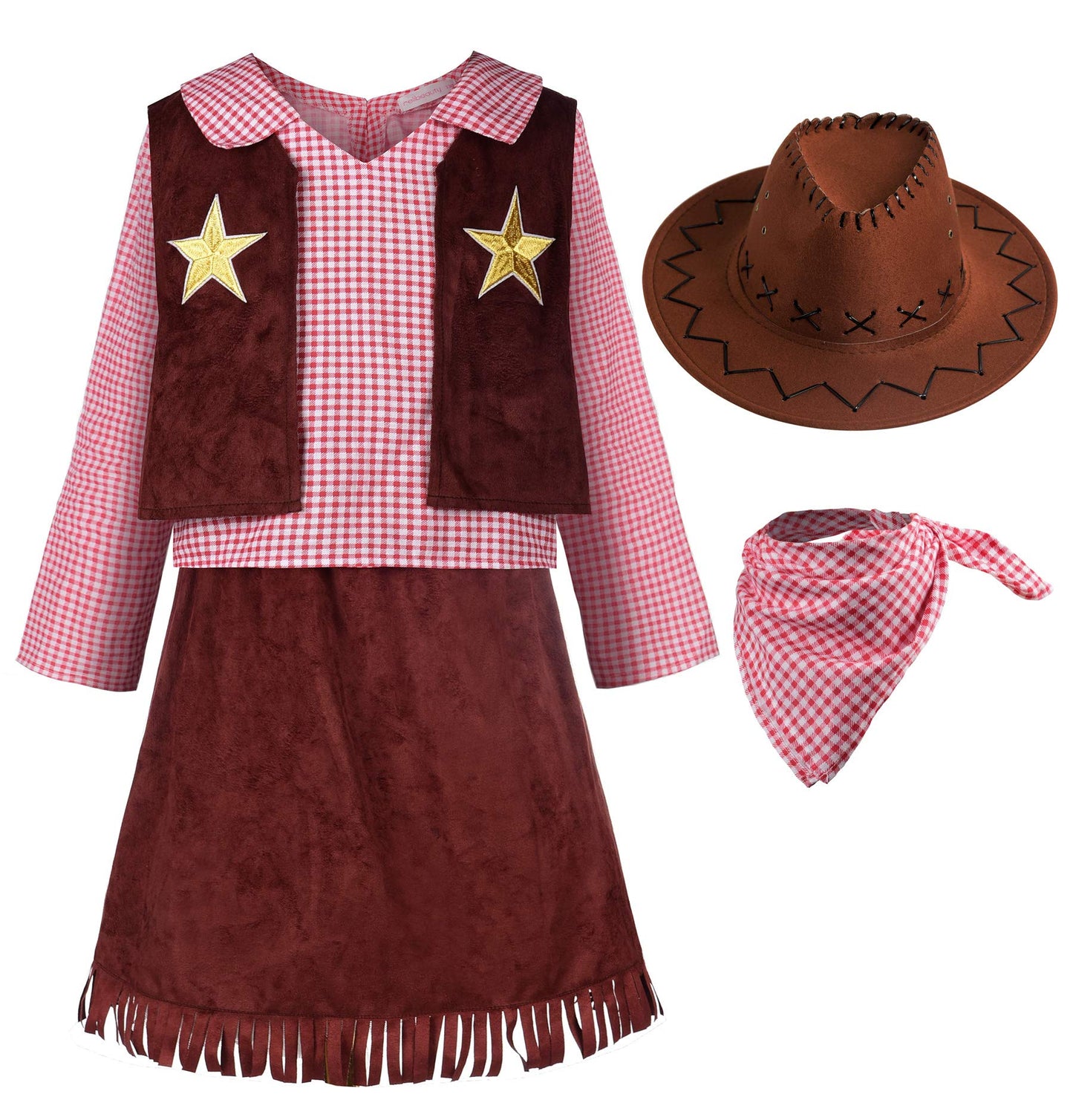 ReliBeauty Western Cowgirl Costume for Girls Funny Holiday Party Princess Dress Up Outfit for Kids Brown,7-8/140
