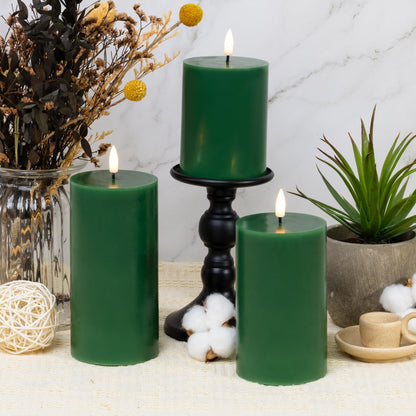 Eywamage Green Christmas Flameless Pillar Candles with Remote, Flickering Battery Operated LED Wax Candles Set of 3
