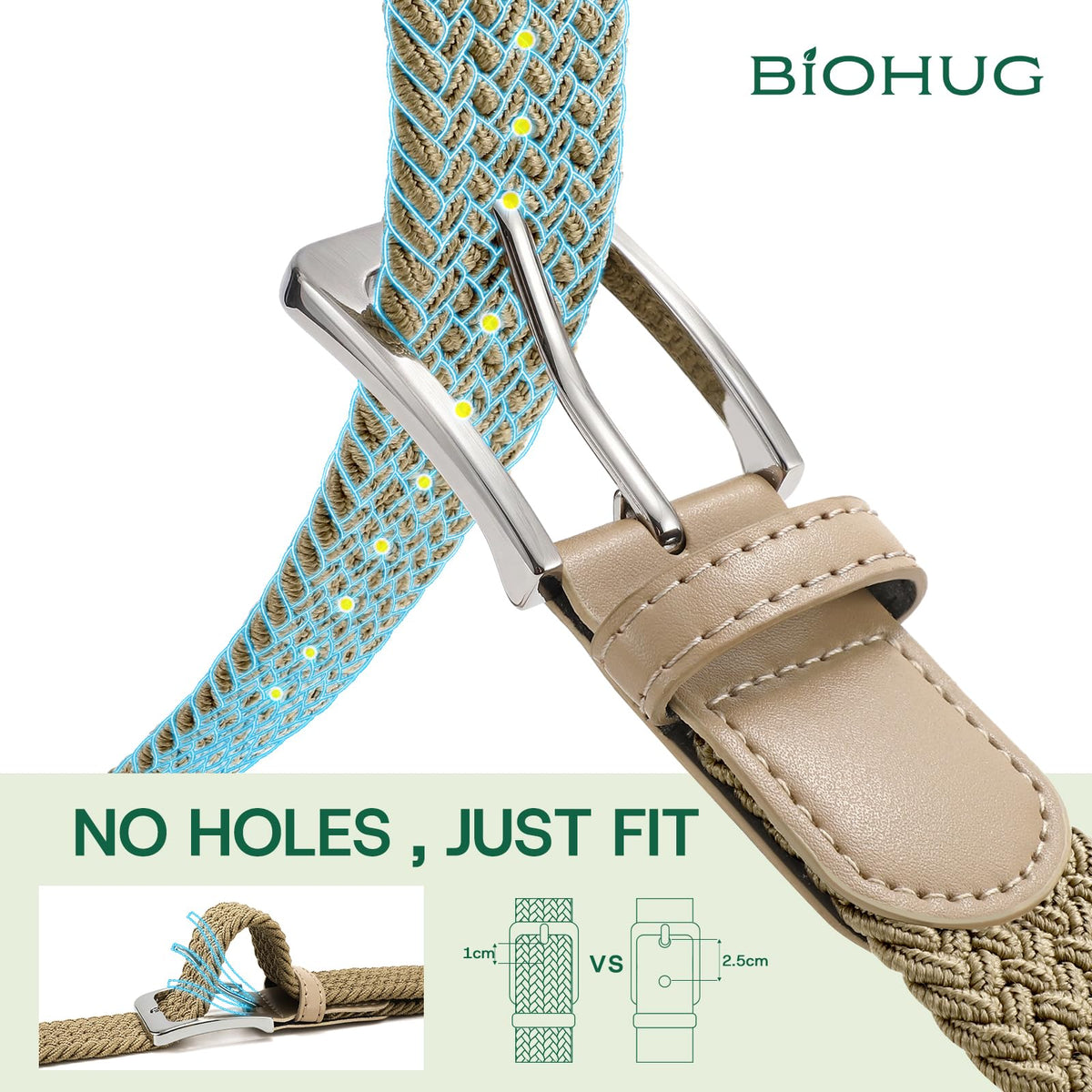 BIOHUG Men's Elastic Braided Belt Eco-Friendly Recycled Fabric Stretch Woven Belt for Jeans Pants,Golf Casual Wear 1.34" Width Khaki