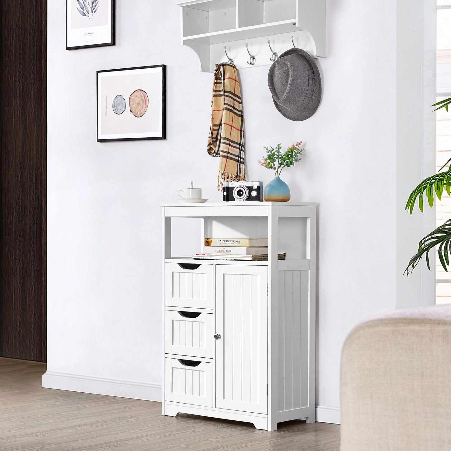 Yaheetech Bathroom Storage Units with Open Storage Shelf Free-standing Floor Cabinets Sideboard with 3 Drawers and 1 Door, Adjustable Shelf for Living Room Kitchen Entryway White