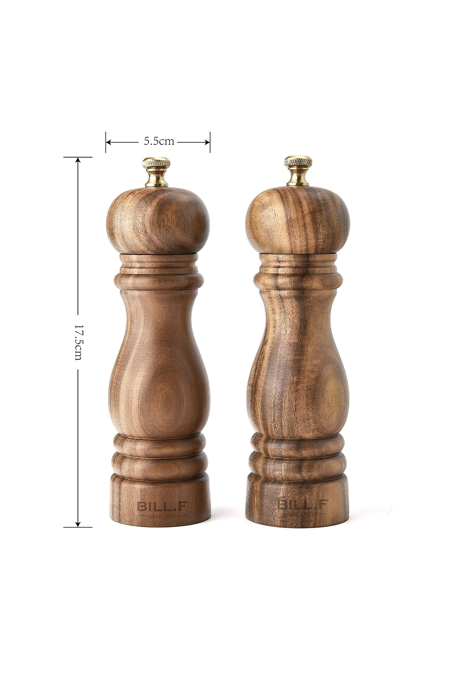 BILL.F Pepper Grinder,Wood Salt and Pepper Grinder Mills Sets, Acacia Wood Manual Salt Grinder Refillable Pepper Mill Sets with Adjustable Ceramic Grinding Rotor - 7 Inch-Set of 2