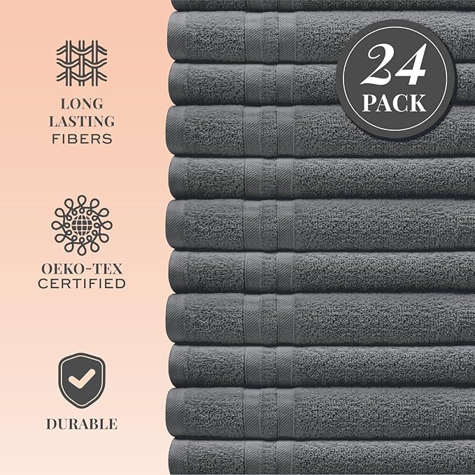 White Classic Wealuxe Dark Gray Washcloths 24 Pack