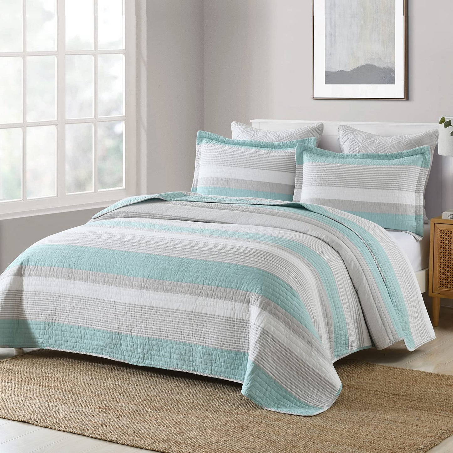 Finlonte King Quilt Striped Bedspread, 100% Cotton King Size Quilt, LightBlue Gray King Quilt Sets, Lightweight Soft King Bed Quilt for All Season