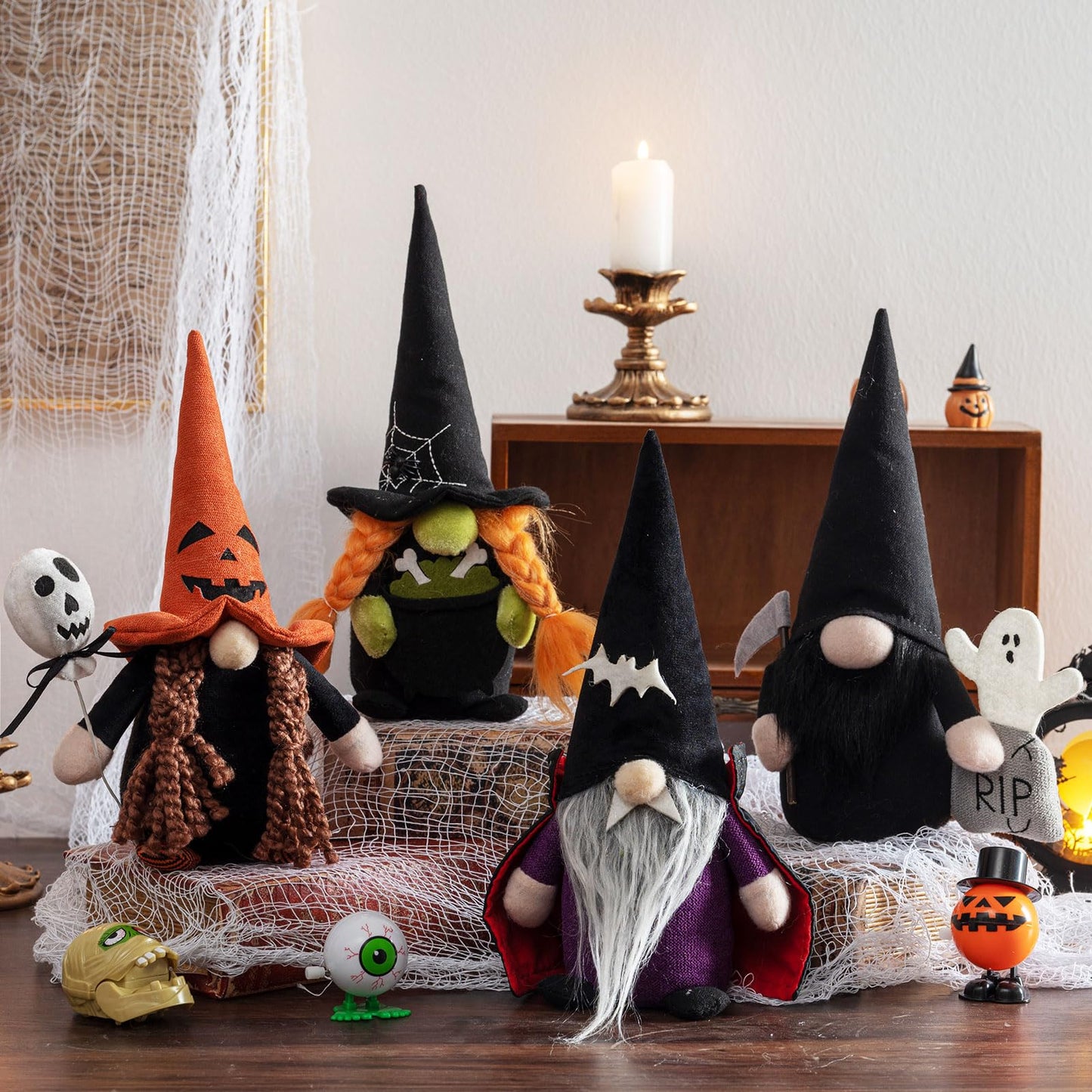 DraMosary Halloween Gnomes Plush Elf Decoration, 4PCS Handmade Reaper Witch Vampire Pumpkin Ghost Dolls for Halloween Table Ornament, Tiered Tray Decor, Party Favor, Trick or Treat