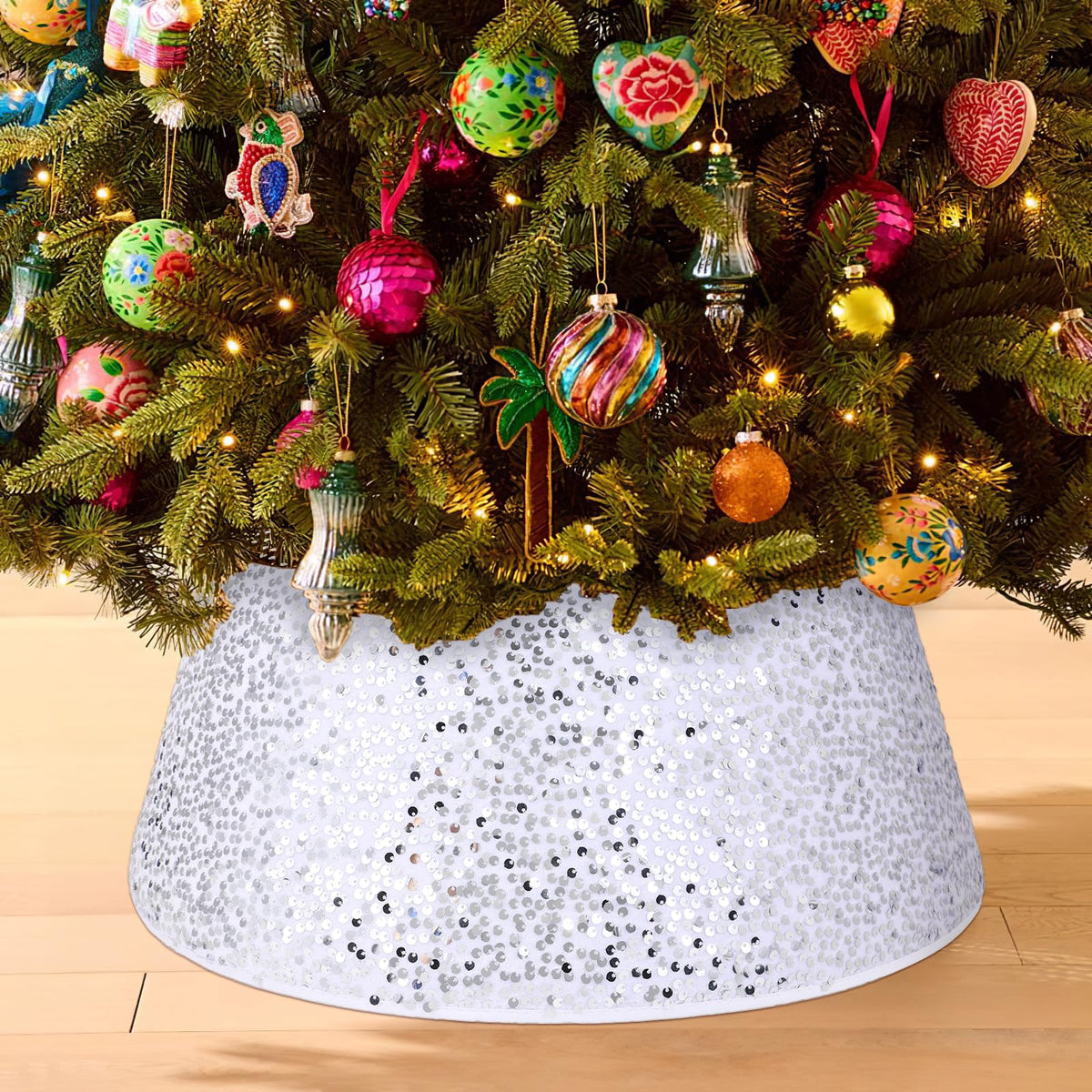 Christmas Tree Collar Burgundy Round Tree Skirt Tree Ring Sparkle Sequin for Christmas Holiday Thanksgiving Home Decor Red Gold
