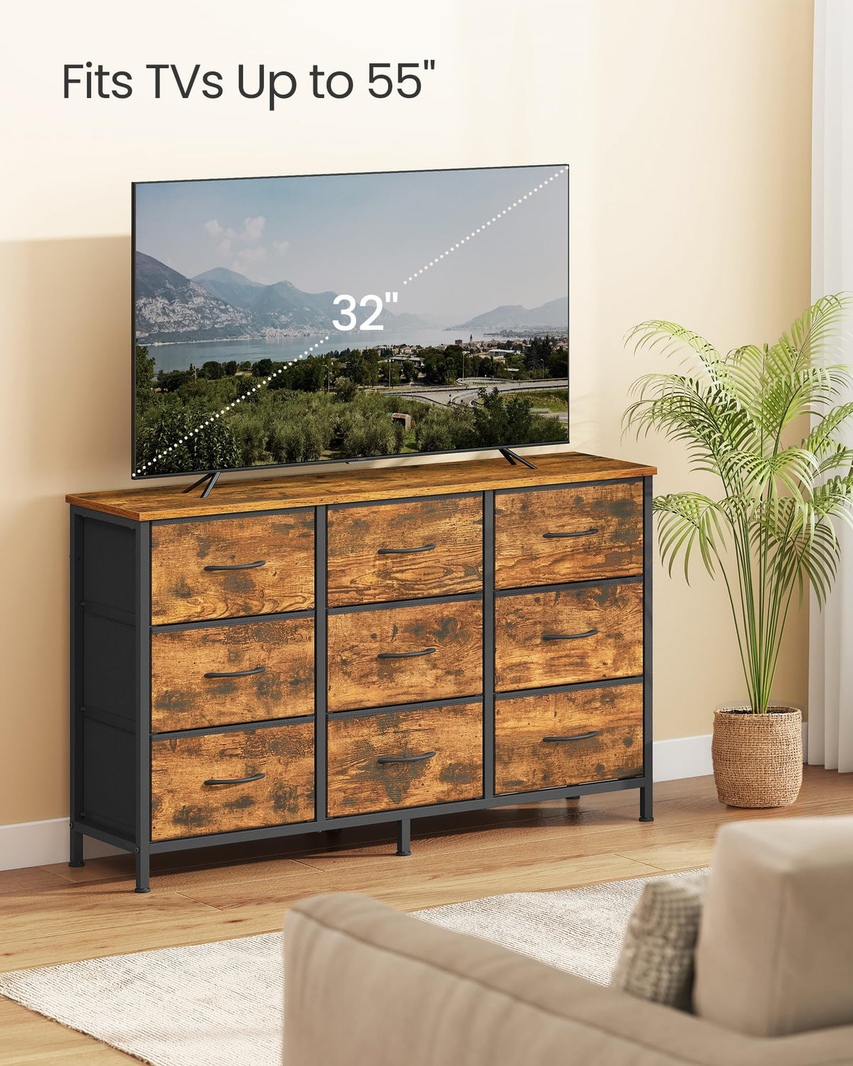 SONGMICS BELLAH Collection - Dresser for Bedroom, TV Stand for TVs Up to 55 Inches, Chest of Drawers for Living Room, Closet, Steel, 9 Drawers, Industrial, Rustic Brown and Ink Black ULGS033KD02S