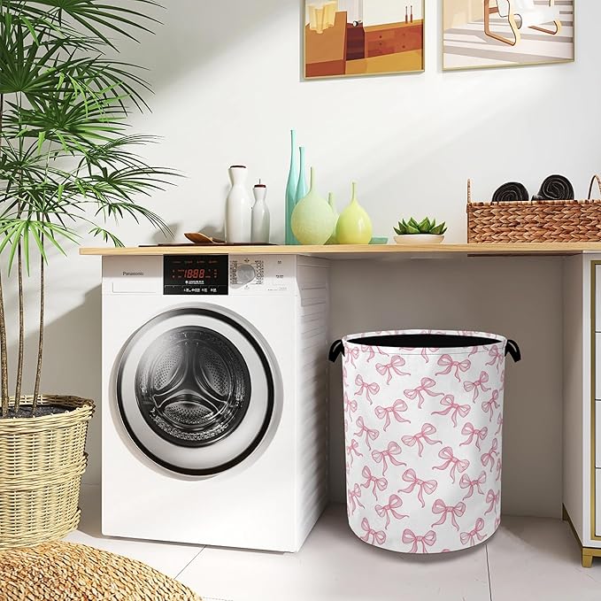 Cute Pink Bow Laundry Basket, Foldable Oxford Cloth Tote Bag Laundry Hamper