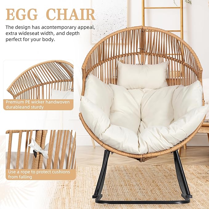 Vongrasig Wicker Rocking Egg Chair PE Rattan with Cushion, Oversized Patio Lounge Rocker Chair for Outdoor, Indoor, Livingroom, Backyard, Garden (Beige)