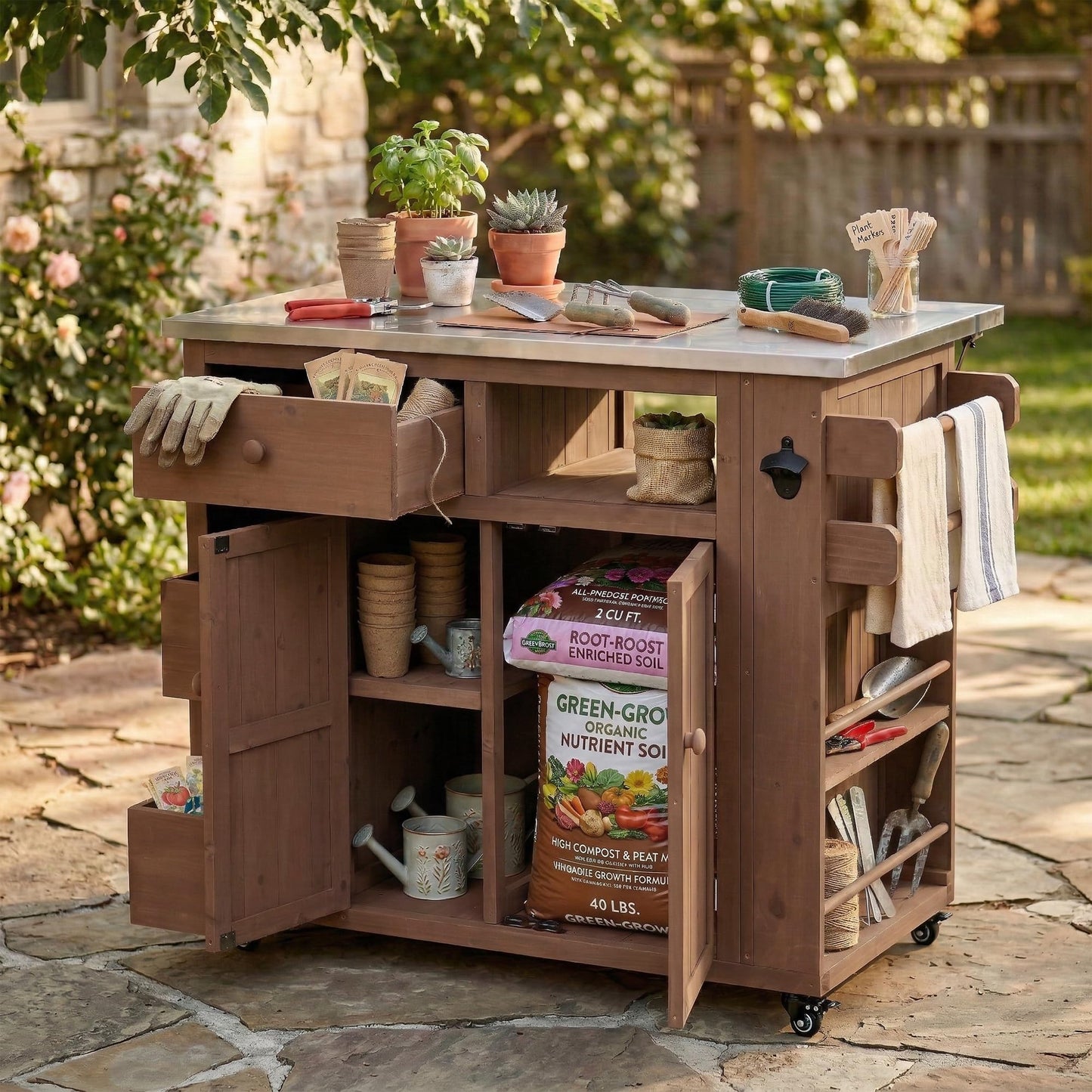 Merax Outdoor Extendable Kitchen Island with Storage, Stainless Steel Top Grill Table with Side Spice Rack, Solid Wood Kitchen Cart with Drawers and Storage Cabinet for Backyard, BBQ, Party
