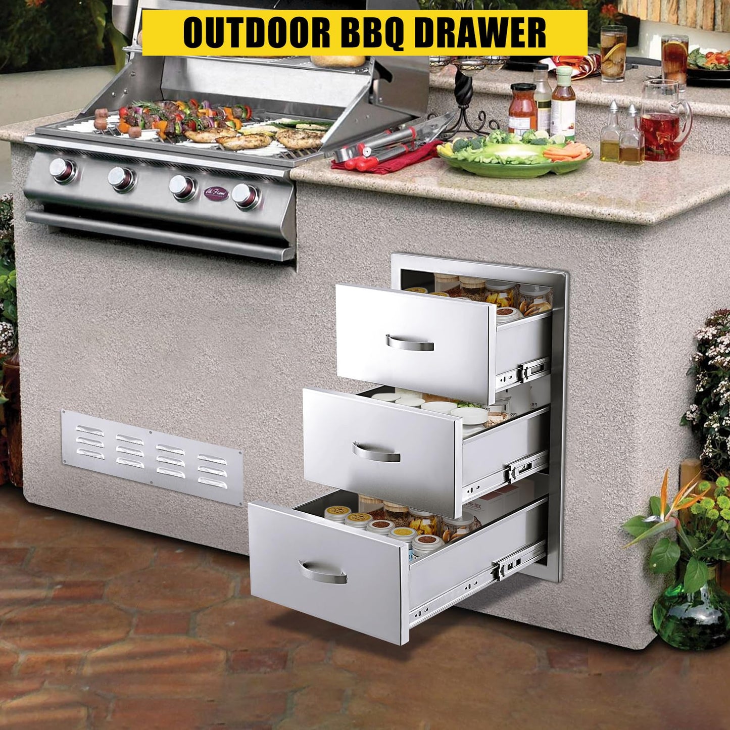 GarveeHome 20" w x 27" h x 23" d Stainless Steel Outdoor Kitchen Drawers, Flush Mount Built-in 2-Drawer BBQ Access Storage – Enclosed Unit for Grill Islands & Outdoor Kitchens