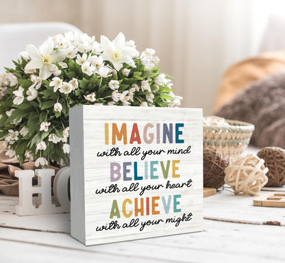 SRADMO Inspirational Wood Box Sign Desk Decor, Imagine Believe Achieve Motivational Theme Wooden Block Box Sign Decoration for Home Office Workplace Desk Shelf Table Decor