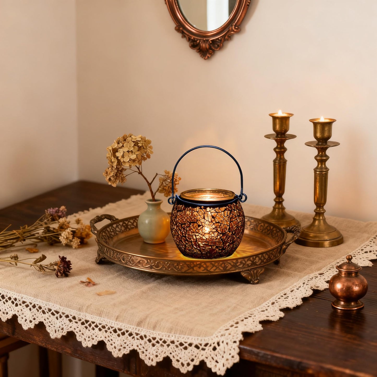 Rancco Candle Holder Mosaic Glass Tea Light Holder, Votive Candle Holders with Handle for Thanksgiving Table Centerpiece Christmas Party Decor,Also Used as Vase,Pen Holder,Potted Plants Bowl (Amber)