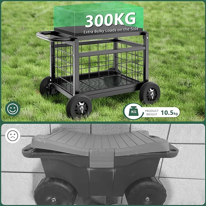 FLINTER Rolling Garden Work Seat with Wheels, Heavy Duty Garden Cart with Seat - Metal Rolling Garden Stool, Upgraded Gardening Cart for Seniors, Outdoor Wagon for Lawn, Patio Gardening, Black