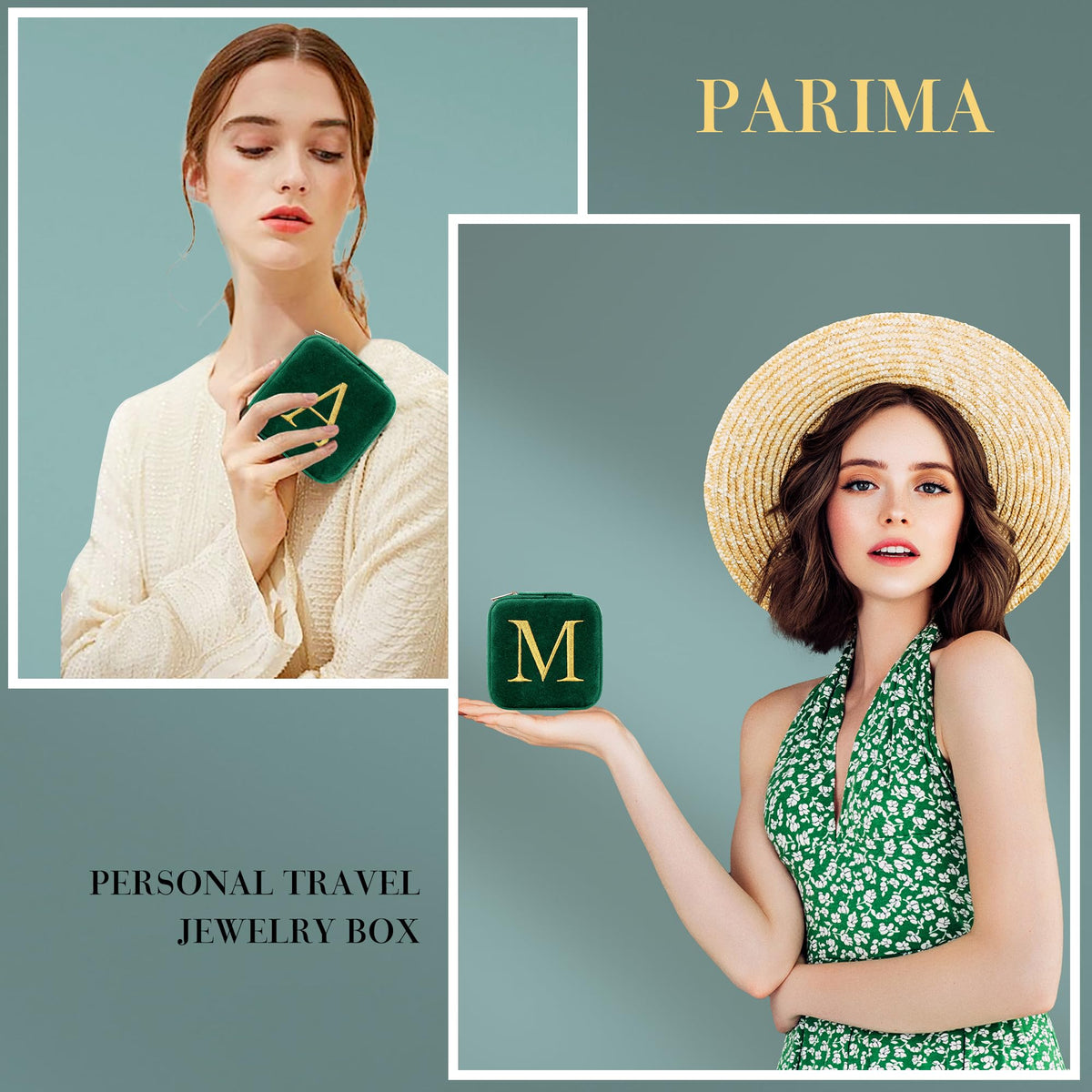 Parima Mothers Day Gifts for Mom - Gifts for Women, Plush Velvet Travel Jewelry Case, Small Jewelry Box, Birthday Gift for Women Her, Personalized Gift - Letter A, Green