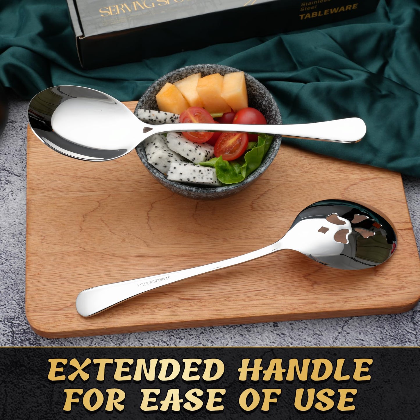 Keyoxy 4 Piece Stainless Steel Serving Spoon Set - 2 Large, 2 Slotted,Dishwasher Safe,10-Inch, for Parties/Kitchen/Buffet/Catering