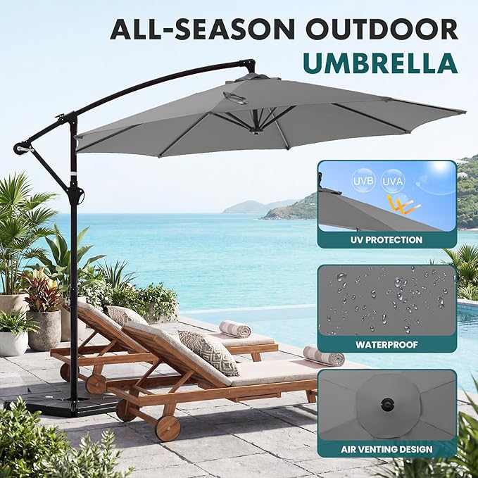 OLIXIS Offset Patio Umbrella, 9.7FT Cantilever Table Umbrellas for Outdoor Sun Shade UV Protection with Easy Tilt Adjustment, 8 Ribs for Backyard, Lawn, Garden, Pool - Grey