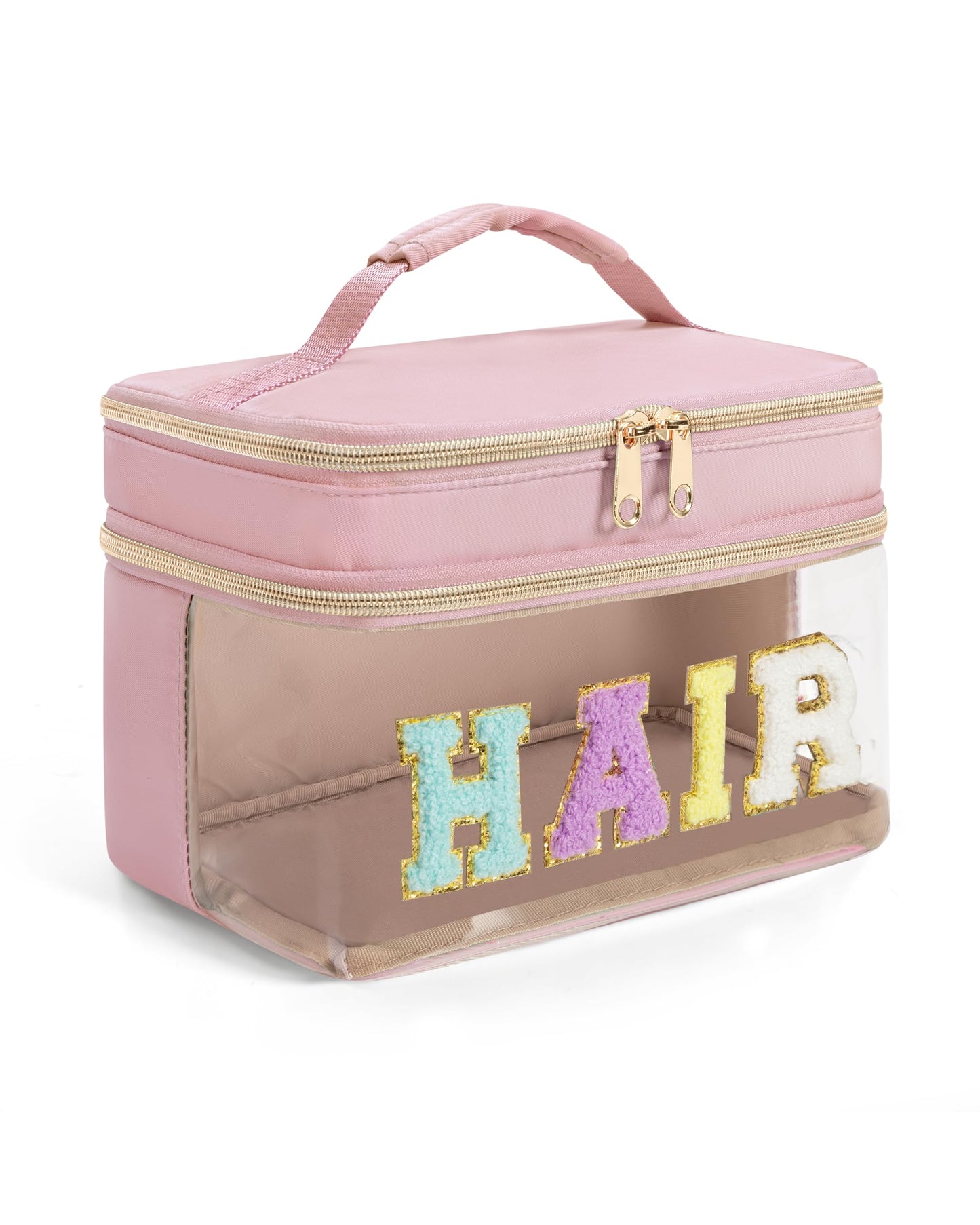 Fasrom Double Layer Hair Accessories Organizer, Preppy Patch Makeup Bag with HAIR Chenille Letter, Portable Travel Cosmetic Pouch Clear Toiletry Case for Women Girl, Pink(Bag Only, Patent Design)