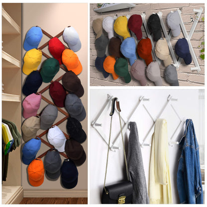 Dseap Accordion Wall Hanger:16'' High Wooden Expandable Coat Rack, Hat Rack for Wall,Accordion Hook for Baseball Caps,Coats,14 Peg Hooks,Dark Walnut