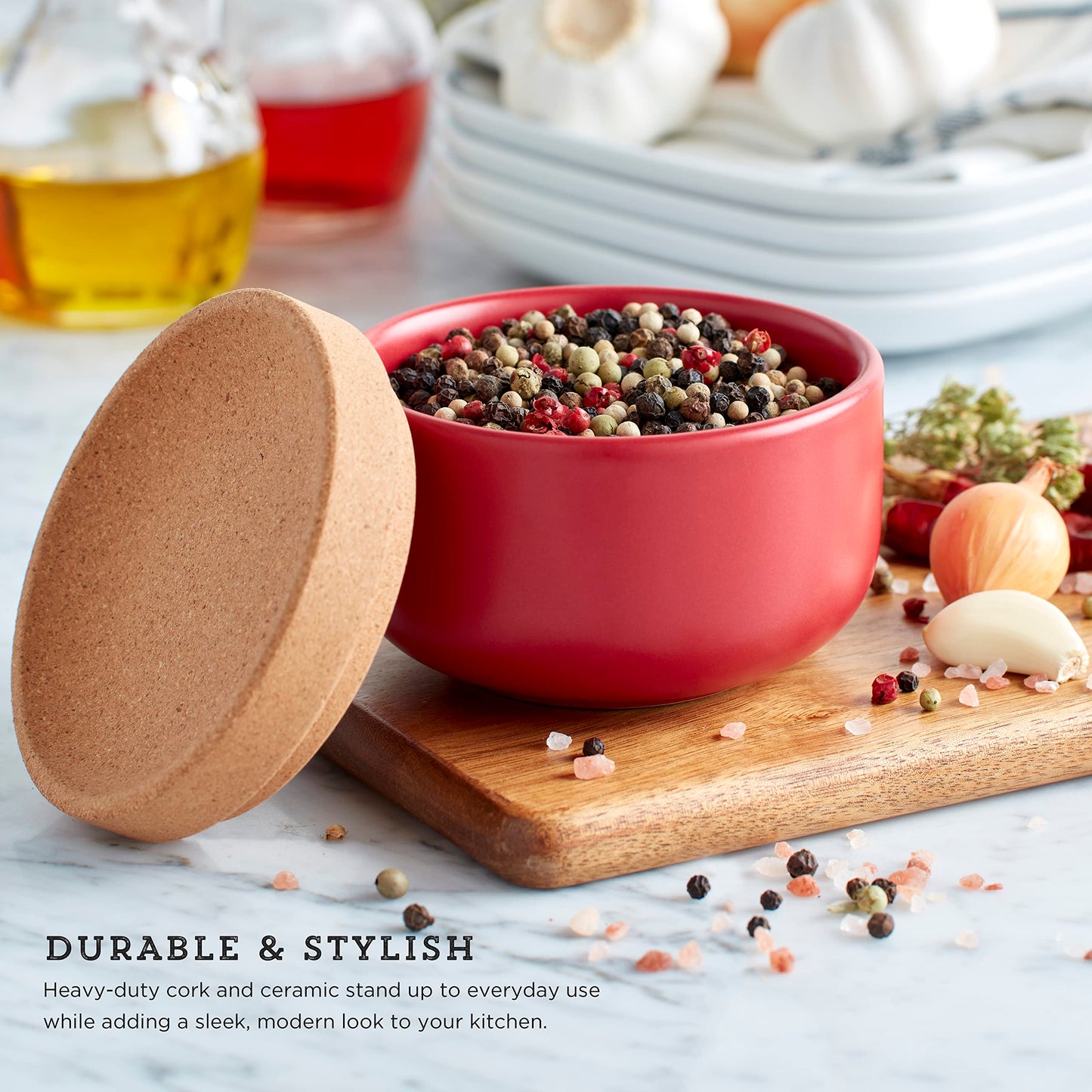 Kamenstein Ceramic and Cork Salt Pig with Easy Lift Lid for Easy Access, Red