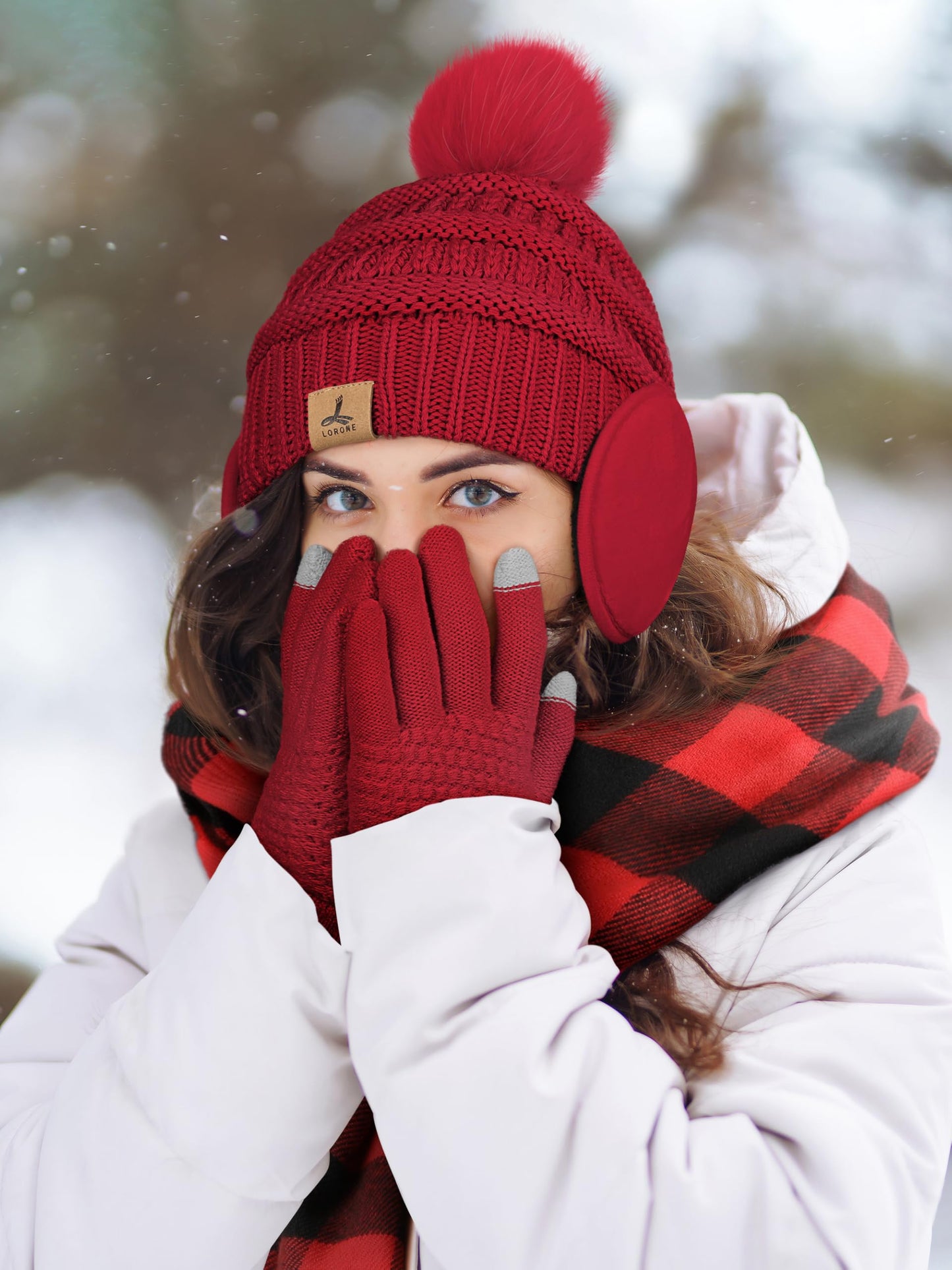 Winter Hat Scarf Gloves and Ear Warmer, Knit Warm Beanie Hat Touch Screen Gloves Long Knitted Plaid Scarf Set Gifts for Women Red