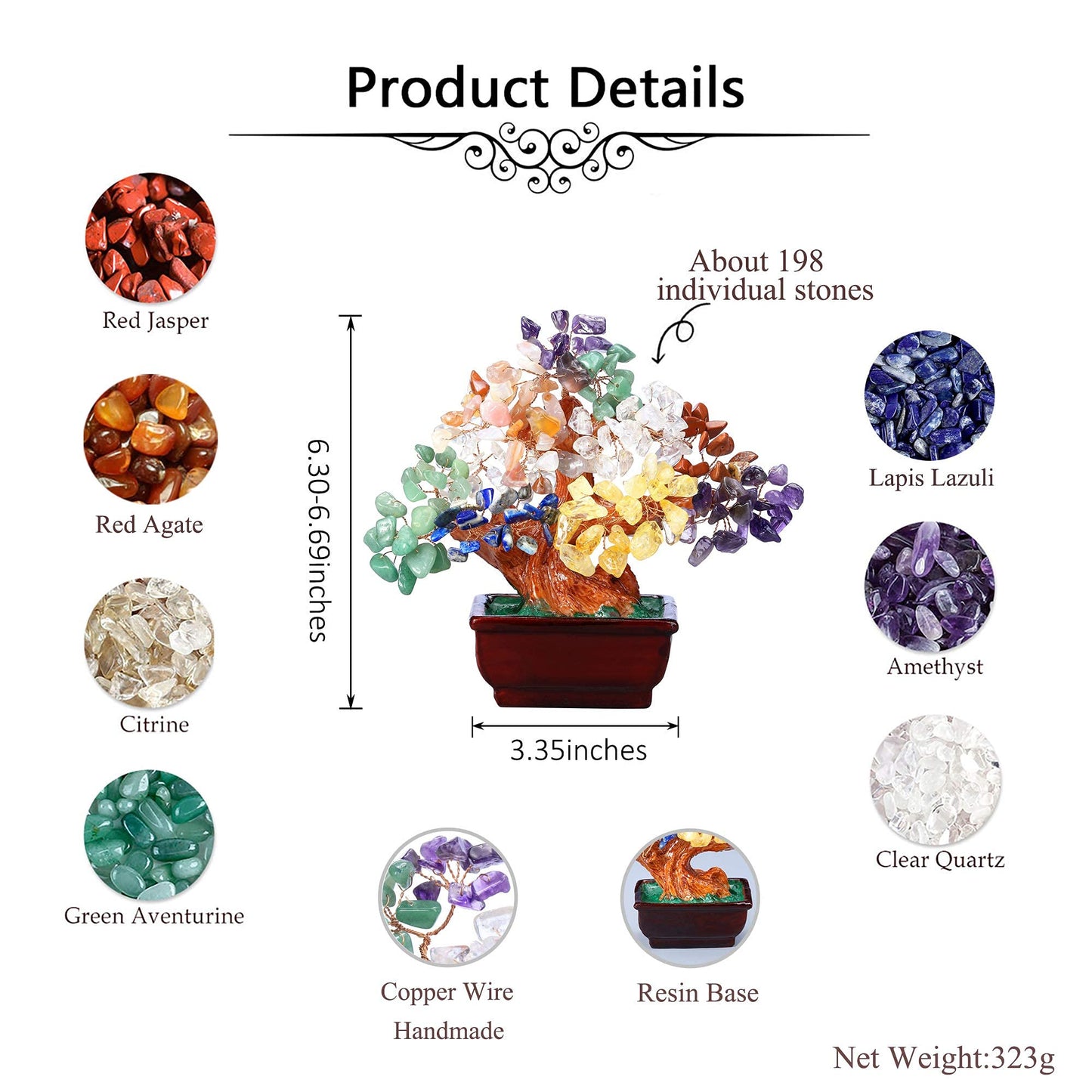 Jovivi Natural 7 Chakra Gemstone Crystal Money Tree Resin Base Bonsai Feng Shui Decorations for Wealth and Luck 6.3"-6.7"