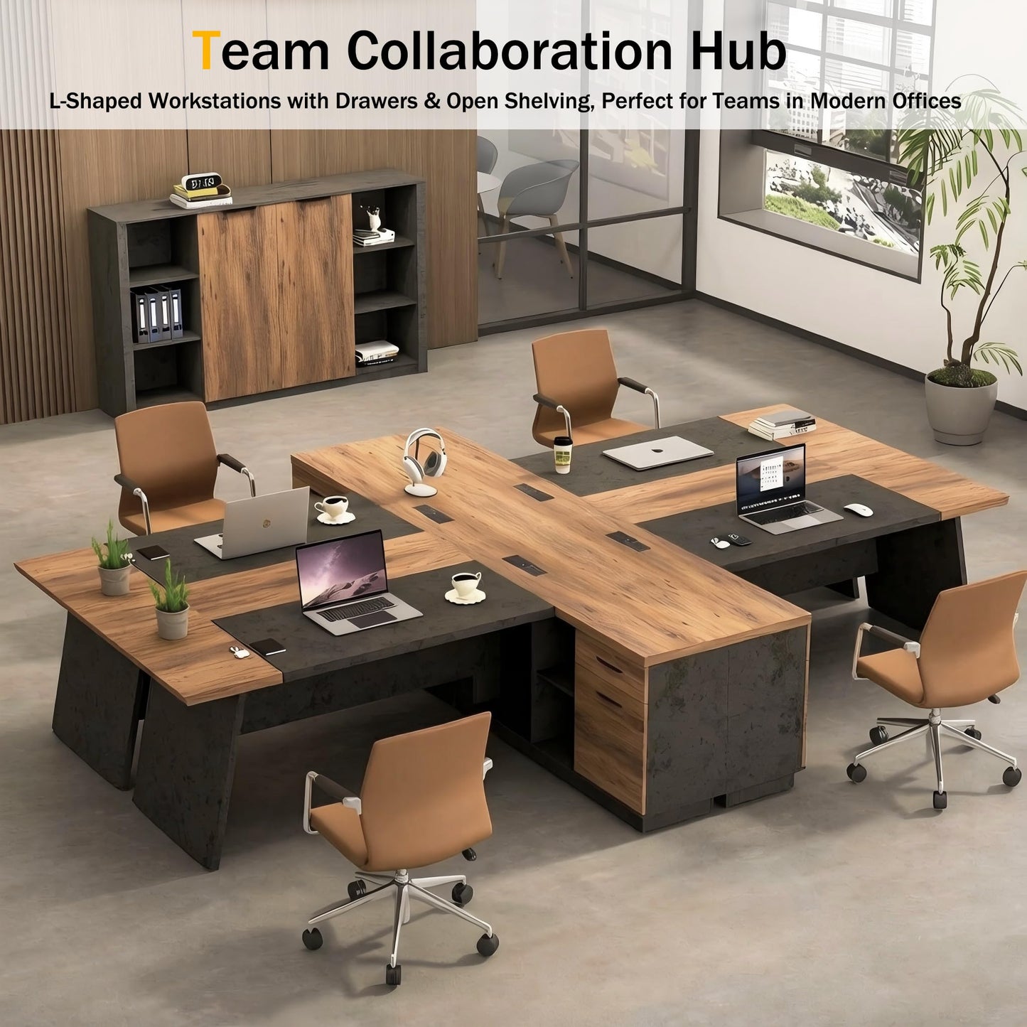 ONNAHOMEStlyle 78.74 Inch L Shaped Office Desk with Drawers & Built-in Power Access, Large Executive Workstation with Storage Cabinet, Modern Wooden Desk for Business or Home Office (claybank, Left)