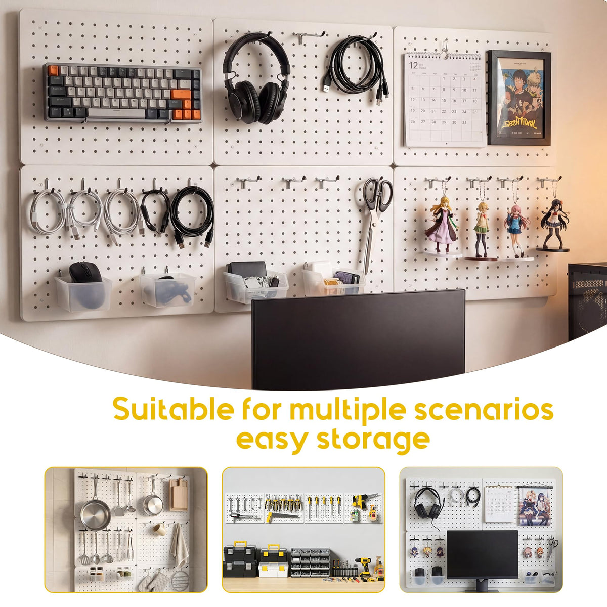 PHX Grove Peg Board for Tools, 4 Pack Metal Pegboard Wall Organizer with Hooks,12"×16" White Pegboard Panels for Walls Home, Garage Tool Storage, Kitchen, Office Organization, Craft Room