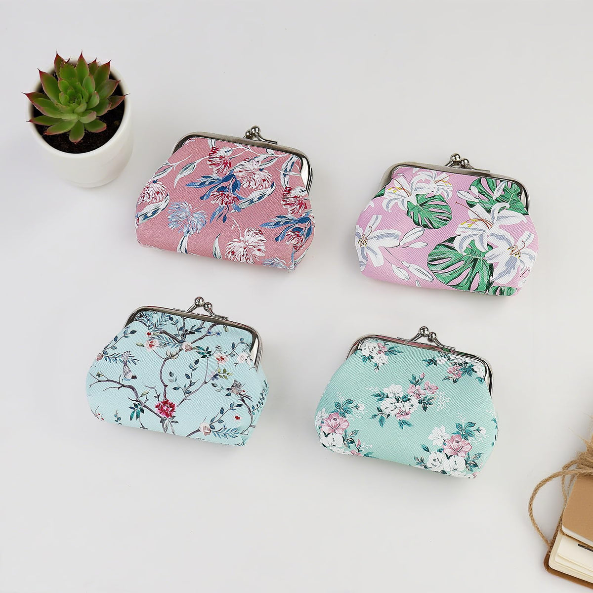 FuninCrea 2 Pcs Faux Leather Coin Purse for Women with Kiss Lock, Floral Pattern Change and Coin Wallet Double Clasp Closure Mini Wallet for Cash Key (Blue+Dark Pink)