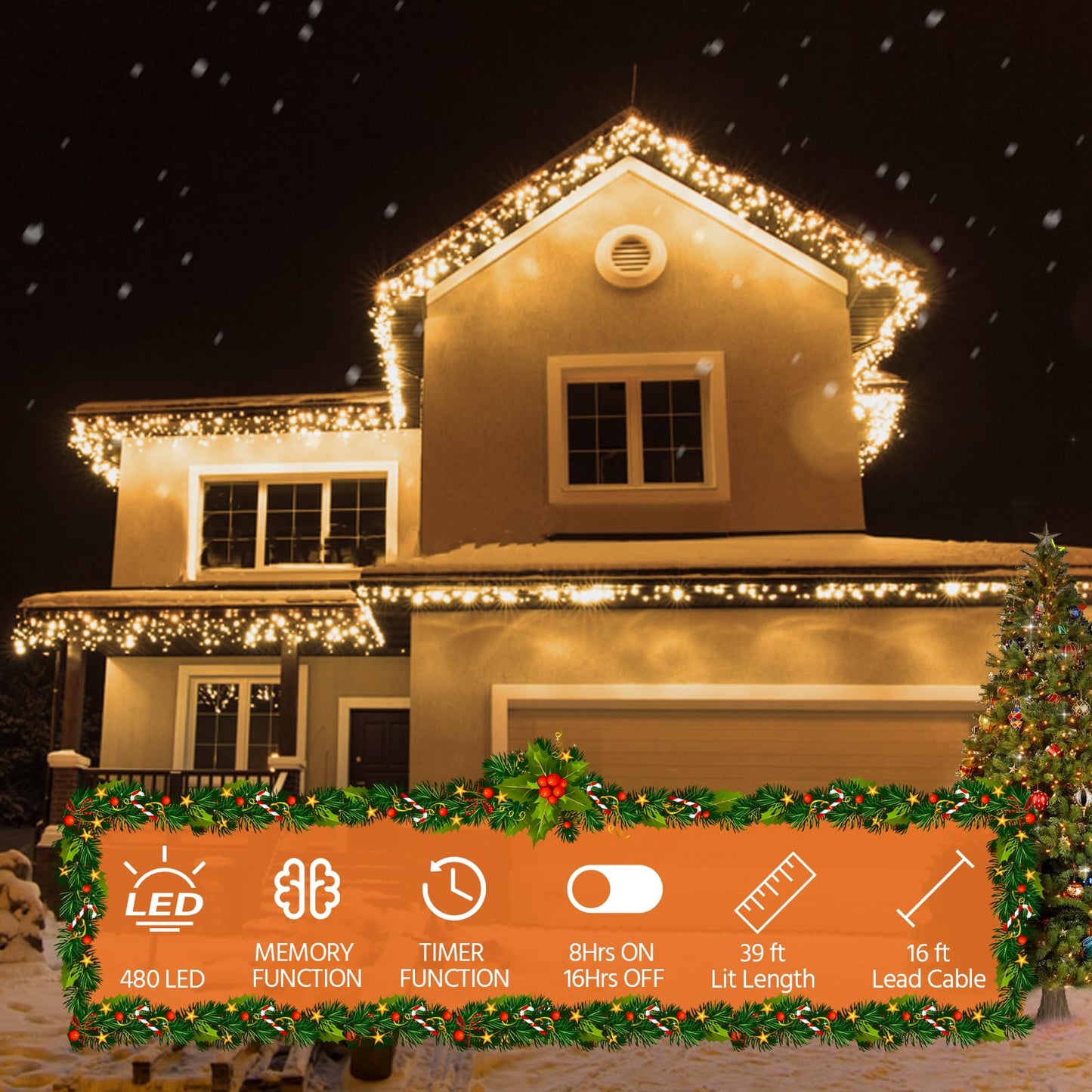 USOKYO Icicle Christmas Lights Outdoor, 480 LED 39FT Icicle String Lights with 96 Drops 8 Modes and Timer, Twinkle Icicle Fairy Lights for House Patio Bedroom Wedding (Warm White)