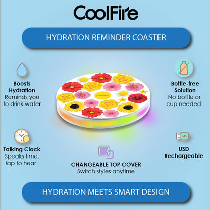 CoolFire Self-Care Gift – Smart Hydration Reminder Coaster with Voice (English only) Alerts, Ambient Light & Changeable Mood Covers for Pregnancy, ADHD, Stress Relief & Everyday Wellness (F)