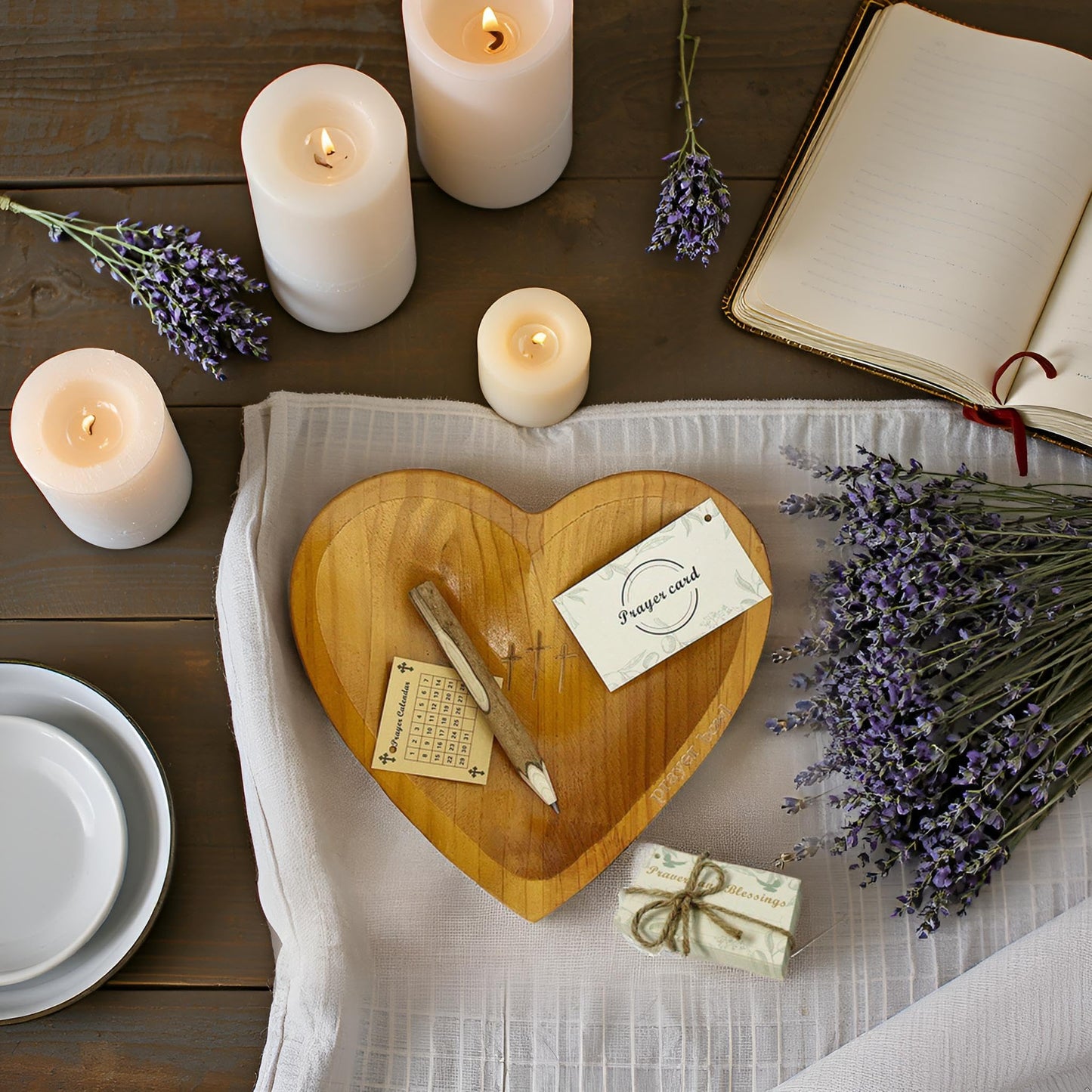 Pawnoc Heart Prayer Bowl with 30 Cards, Meaningful Gift for Friend, Handcrafted Wooden Bowl with Cross, Christian Decor, Religious Gift for Women, Mom, Dad, Daughter, or Husband, Perfect for Easter