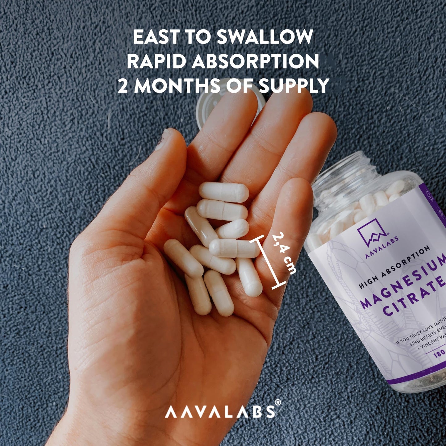 Aavalabs Magnesium Supplements for Women and Men - 2400mg per Daily Dose - (360mg Elemental) - 180 Magnesium Citrate Capsules - 3 Capsules Per Day - Vegan