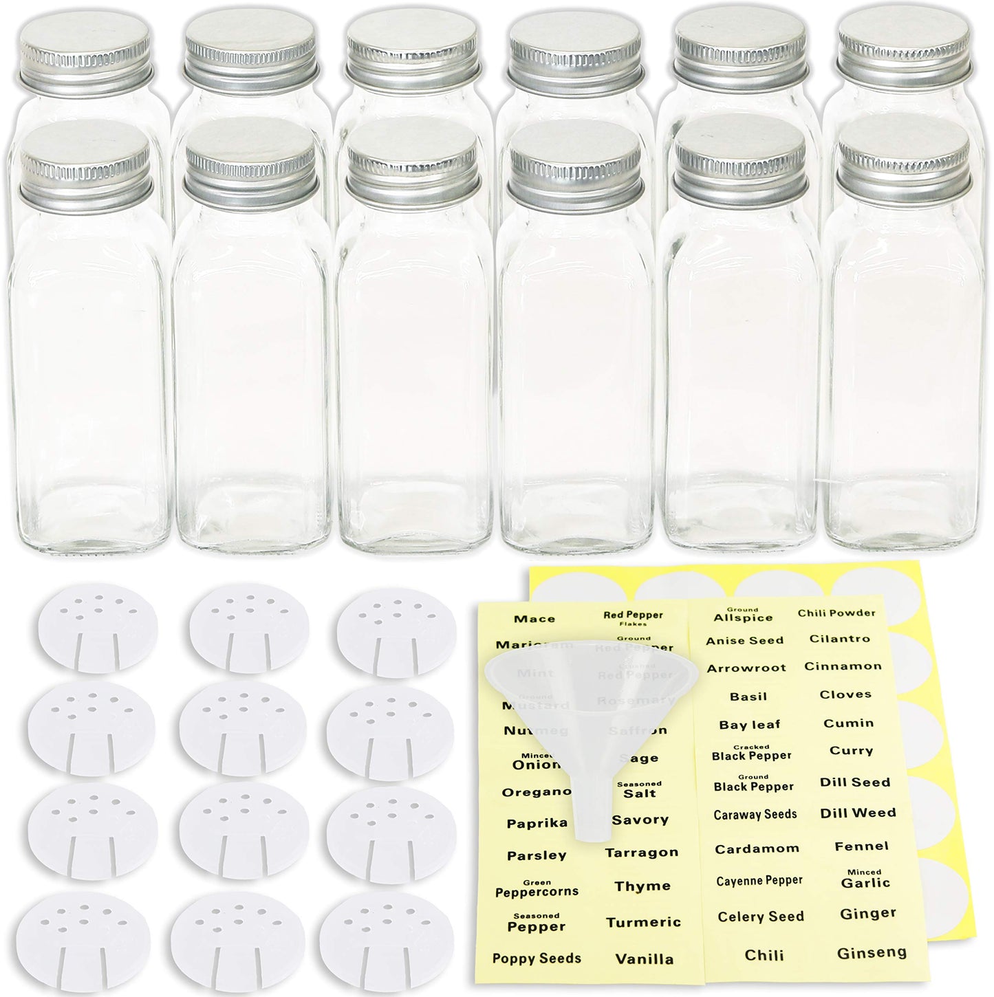 Simple Houseware Spice Jars 6 Ounce Square Glass Bottles with Shaker Lids, Funnel and Labels for Seasoning & Storage, 24 Pack