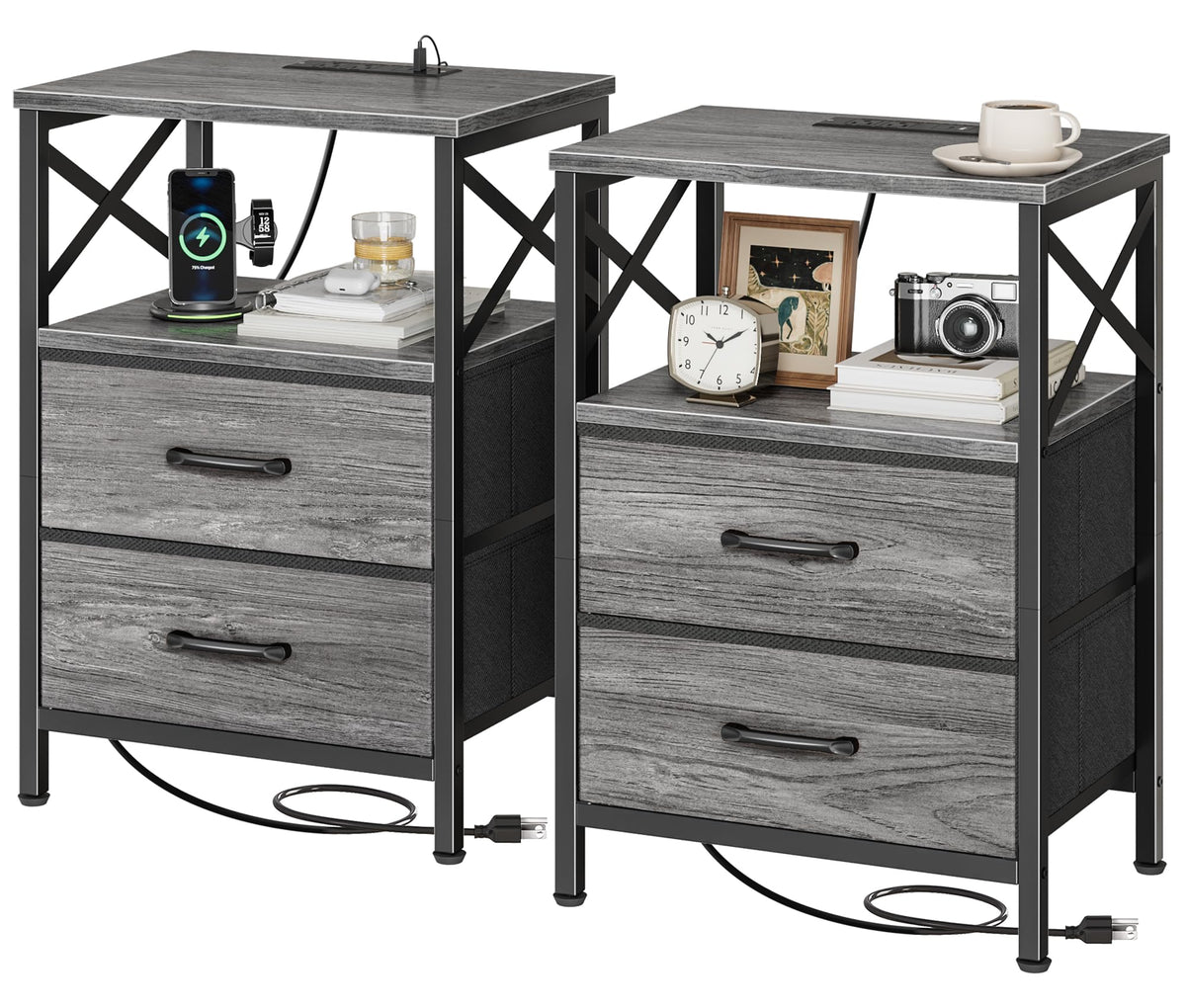 Huuger Nightstands Set of 2, Night Stand with Charger Station, 2 Drawer Side Table with Open Shelf, USB-C Port, End Table for Small Spaces, X Shaped Side Rail, Grey