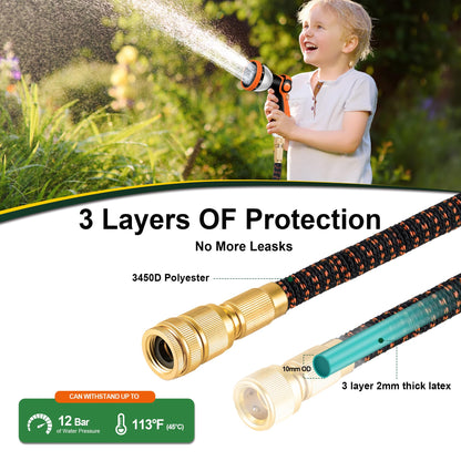 Expandable Hose Pipe 100FT, Upgraded 3-Layer Latex No-Kink Flexible Garden Hose, 3/4"&1/2" Metal Connectors, 10 Function Spray Nozzle, Water Hose for Gardening, Washing & Cleaning (100ft/30m)
