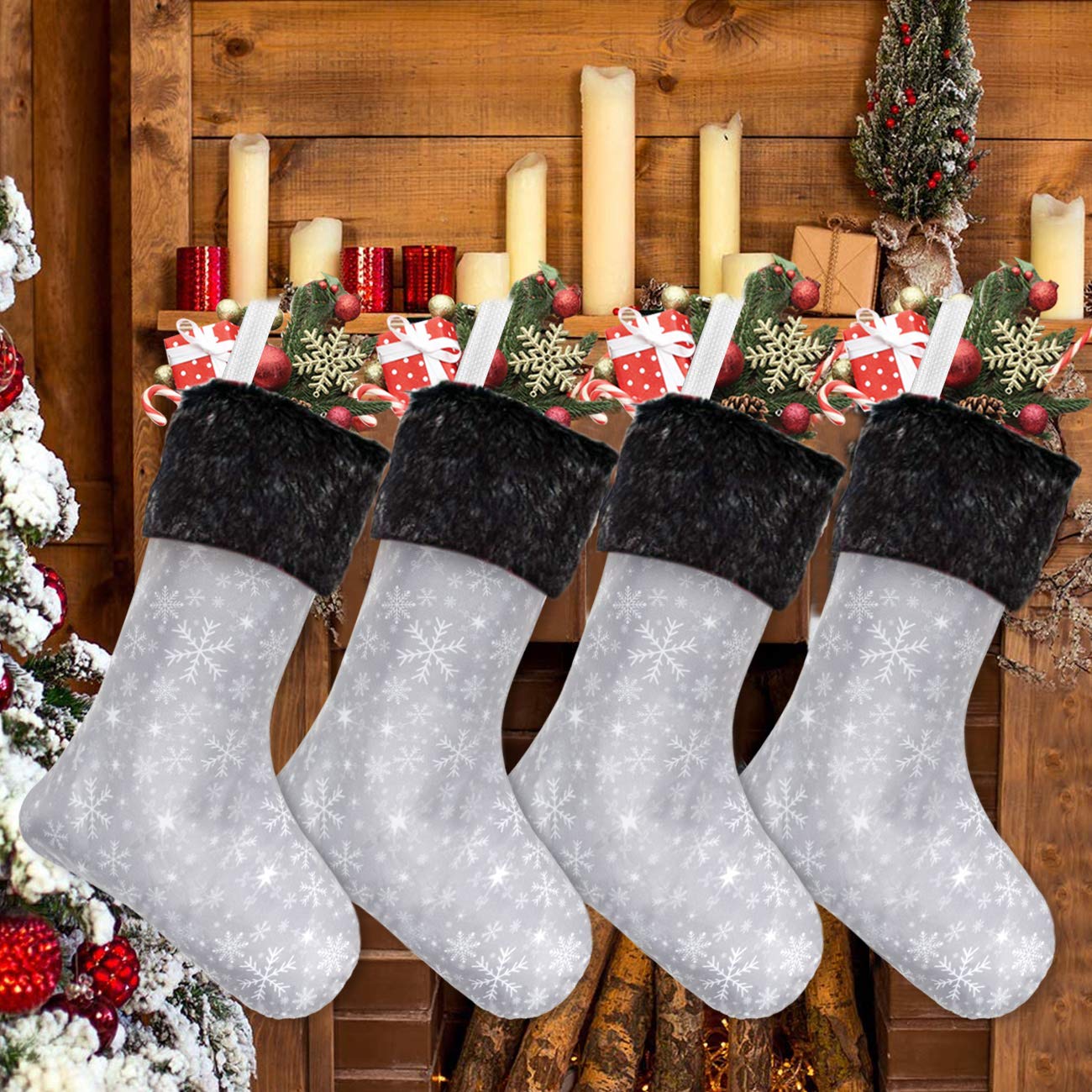 Senneny Christmas Stockings- 4 Pack 18" Grey and White Snowflake Christmas Stockings with Black Plush Faux Fur Cuff, Large Christmas Stockings Decorations for Family Christmas Holiday Party