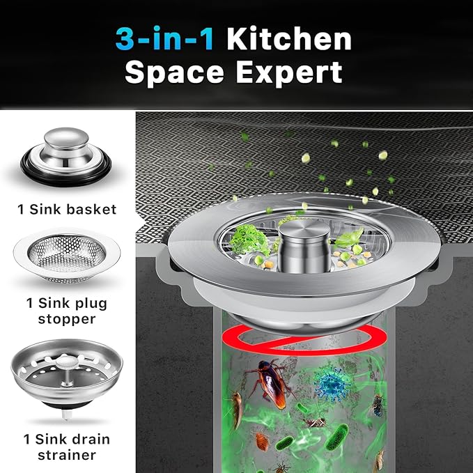 1S-Install Upgraded Kitchen Sink Strainer & Stopper – Pop-Up Fast Drain