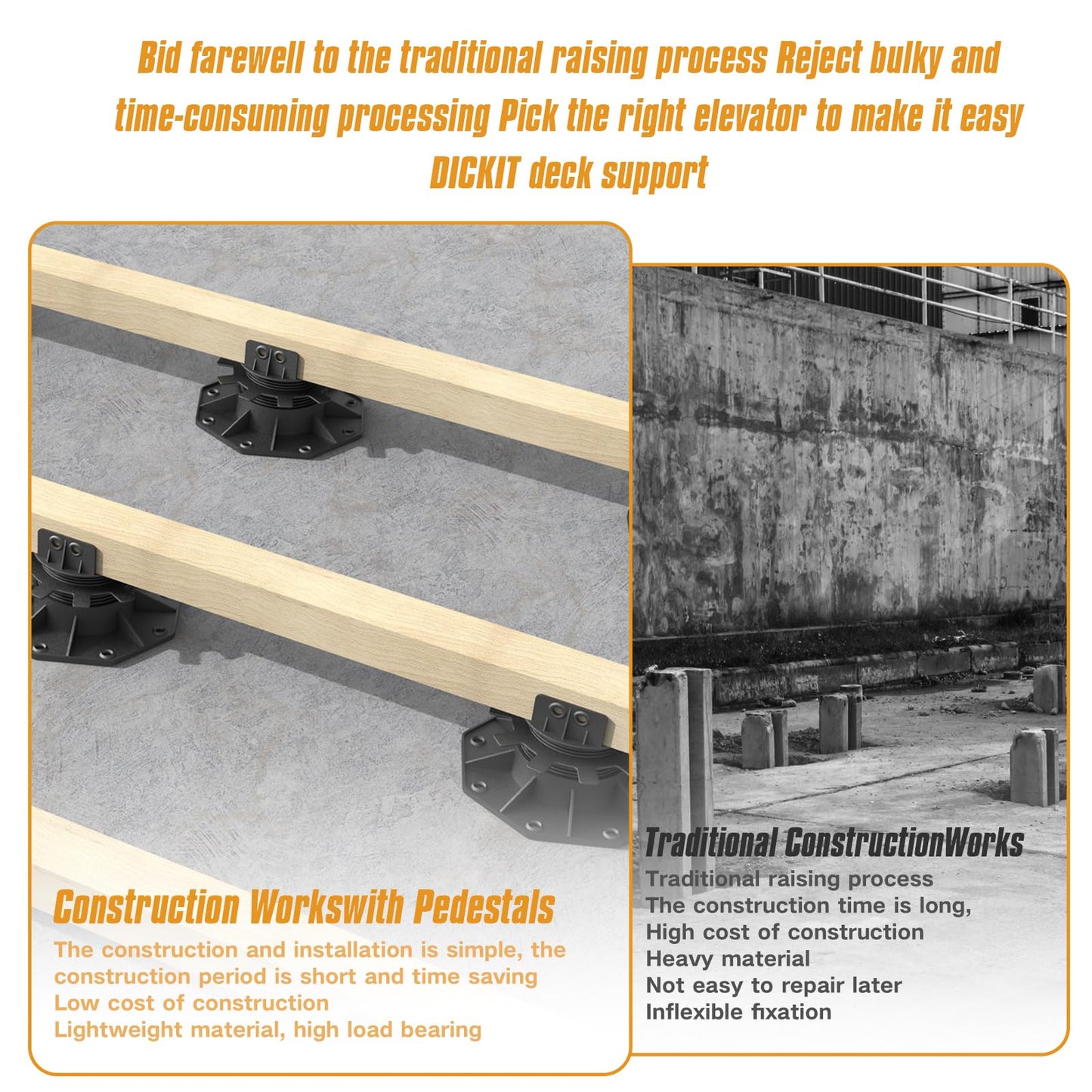 Deckit 12-Pack Adjustable Deck Support Pedestals, 1.18"–2.36" (30–60 mm), for 2×4 & 2×6 Joist Framing, Ground Support & Leveling for Patio, Shed Base & Floating Deck Includes Screws