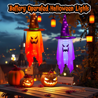 Minetom Halloween Lights Battery Operated, 2PC Large Hanging Witch Hats Lights, Total 40 LED, Glowing Ghost Witch Hat Light, Halloween Light Decoration for Outdoor Tree Indoor, Orange and Purple