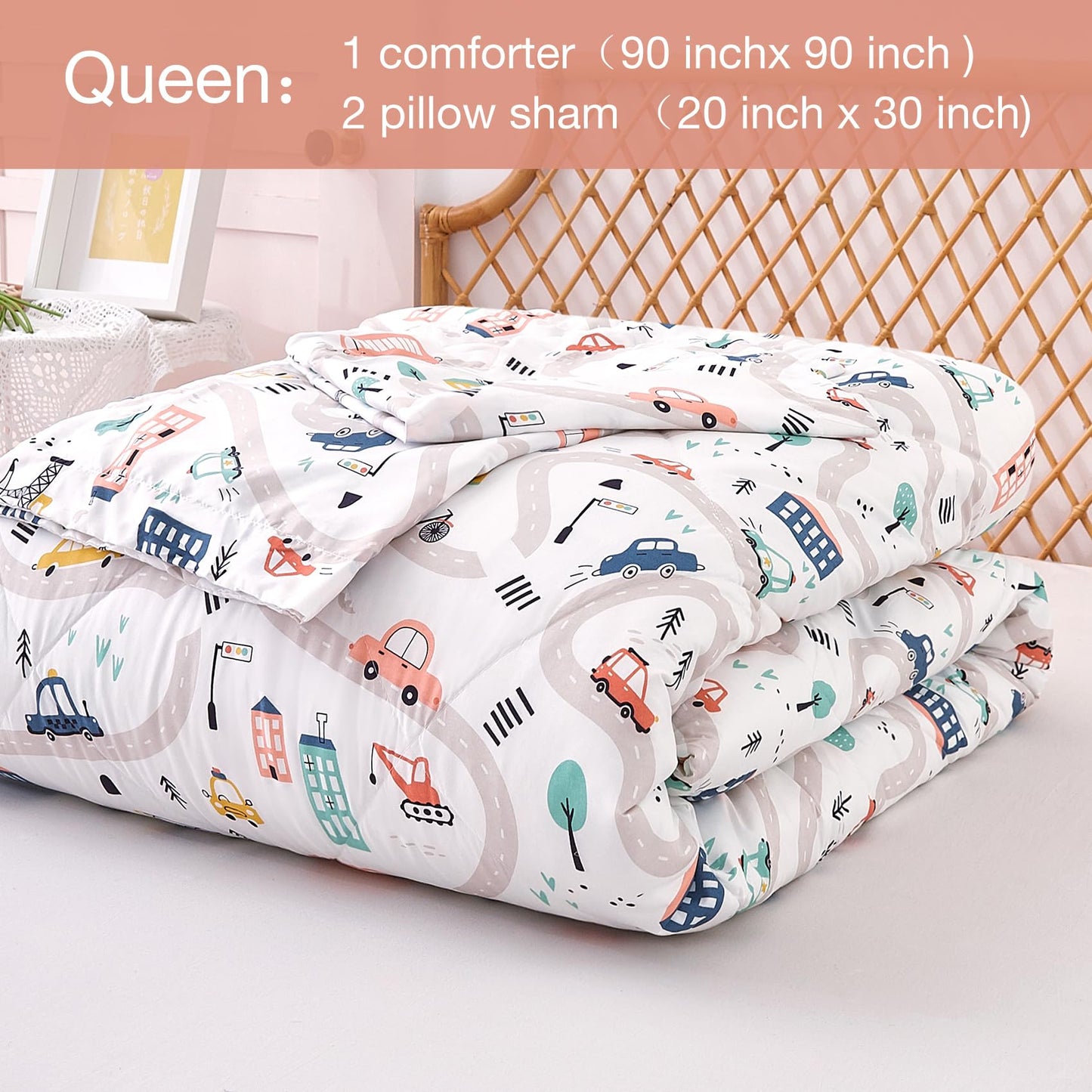 JSD Car Kids Comforter Set Queen Size, 3 Piece Microfiber Comforter with Pillow Sham, Machine Washable