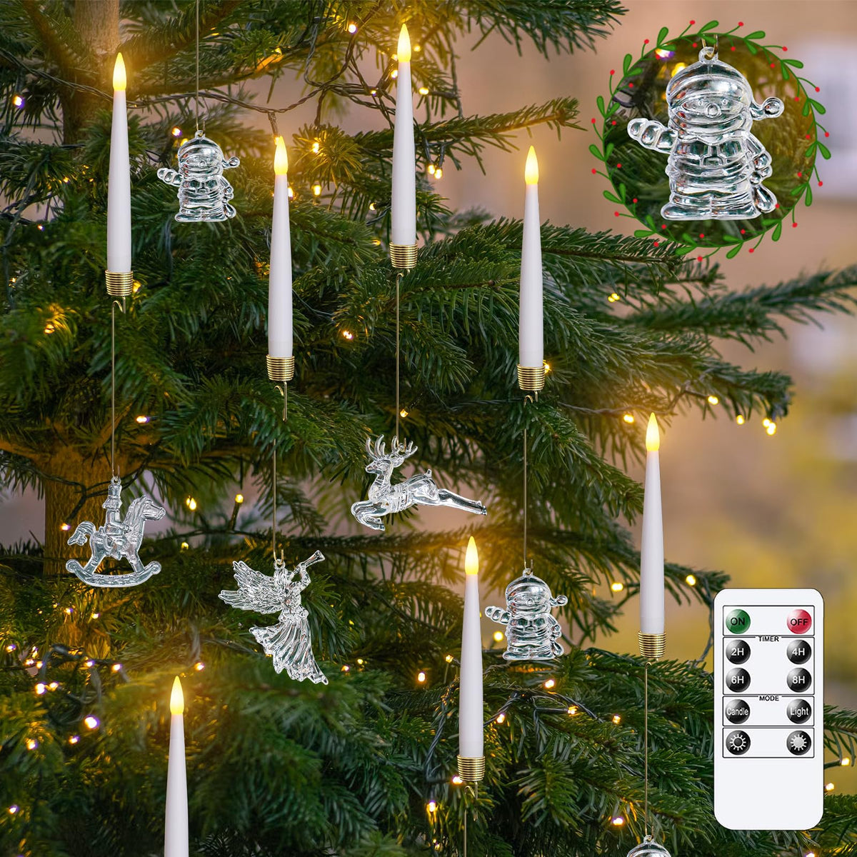 Mavandes LED Taper Candles with Snowman, Reindeer, Fairy Hooks, Remote Timer White 12pcs Plastic Flameless Candlesticks Flickering Battery Operated Warm Light for Home Decor (0.5" x 6")