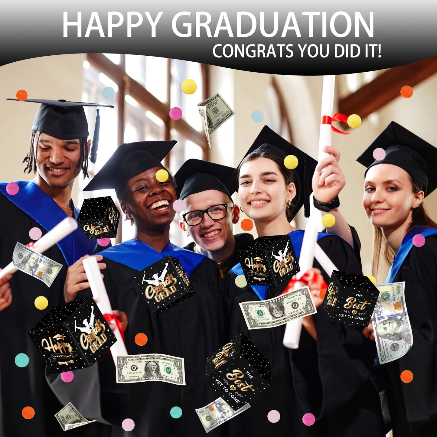 WenmthG 2026 Graduation Surprise Gift Box Explosion for Money - 10 Pcs Grad Pop Out Folding Bounce Money Gift Box with Confetti - Cash Gift Idea for Grad - Graduation Money Bank Party Supply (Black Gold)