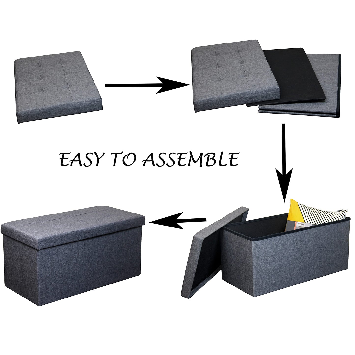 HomeHarmony Folding Storage Ottoman Seat, Stool, Toy Storage Box Linen Look (Grey Large)