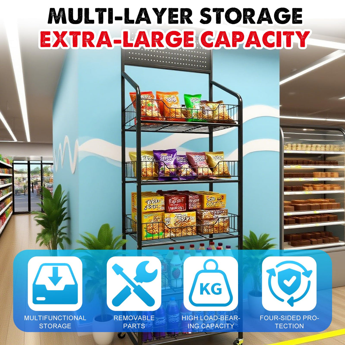 5 Tier Retail Candy Display Rack Metal Storage Shelf with Wheels & 15 Hooks Concession Candy Snack Display Racks Sturdy and Stable Chip Shelf Rack for Stores, Kitchen, Office (Black, 19.7*10.6*65 in)
