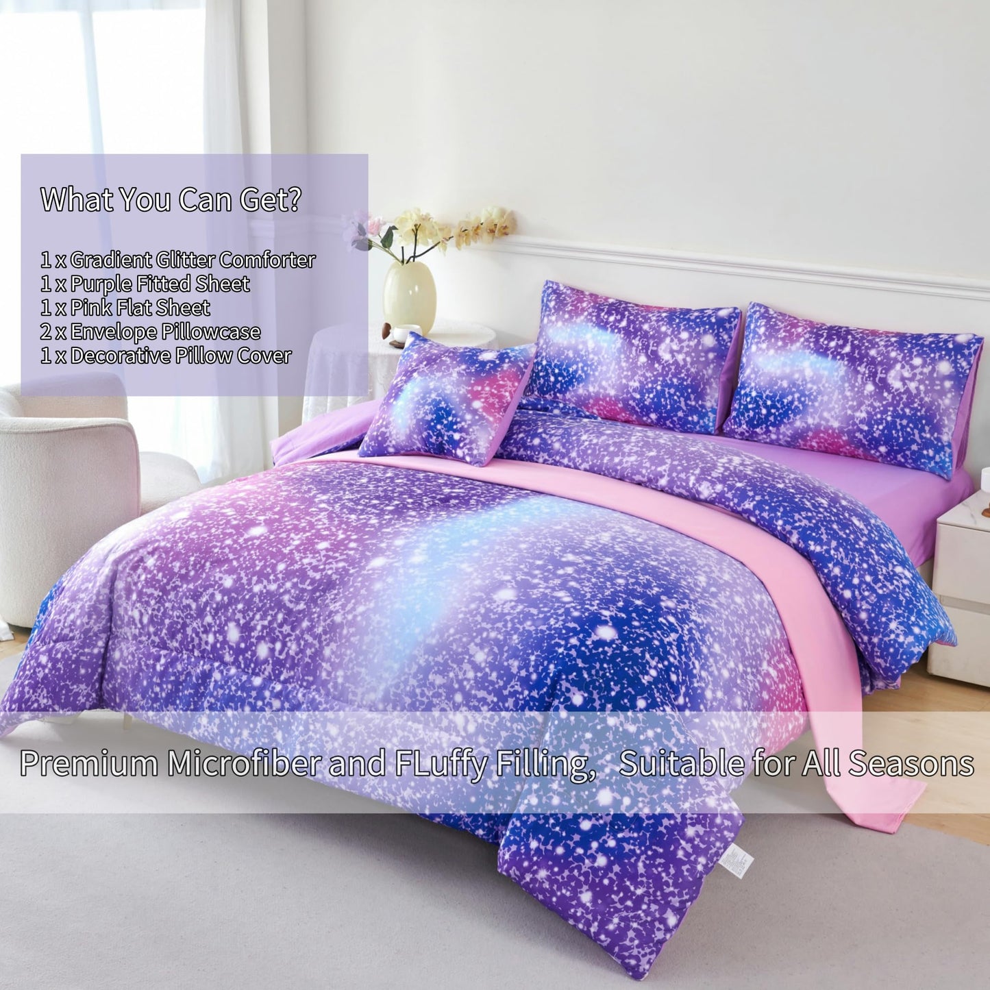 RYNGHIPY 6Pcs Girls Bedding Set Twin Size Purple Rainbow Comforter Set for Kids Teens Girls Glitter Bed in a Bag Lightweight Fluffy