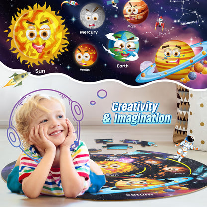 SYNARRY Giant Solar System Floor Jigsaw Puzzle for Kids 3 4 5 6 7 8 Year Olds, 70 Piece Big Round Space Planets Astronaut Jigsaw, Space Toys Gifts for Toddlers Children Boys Girls