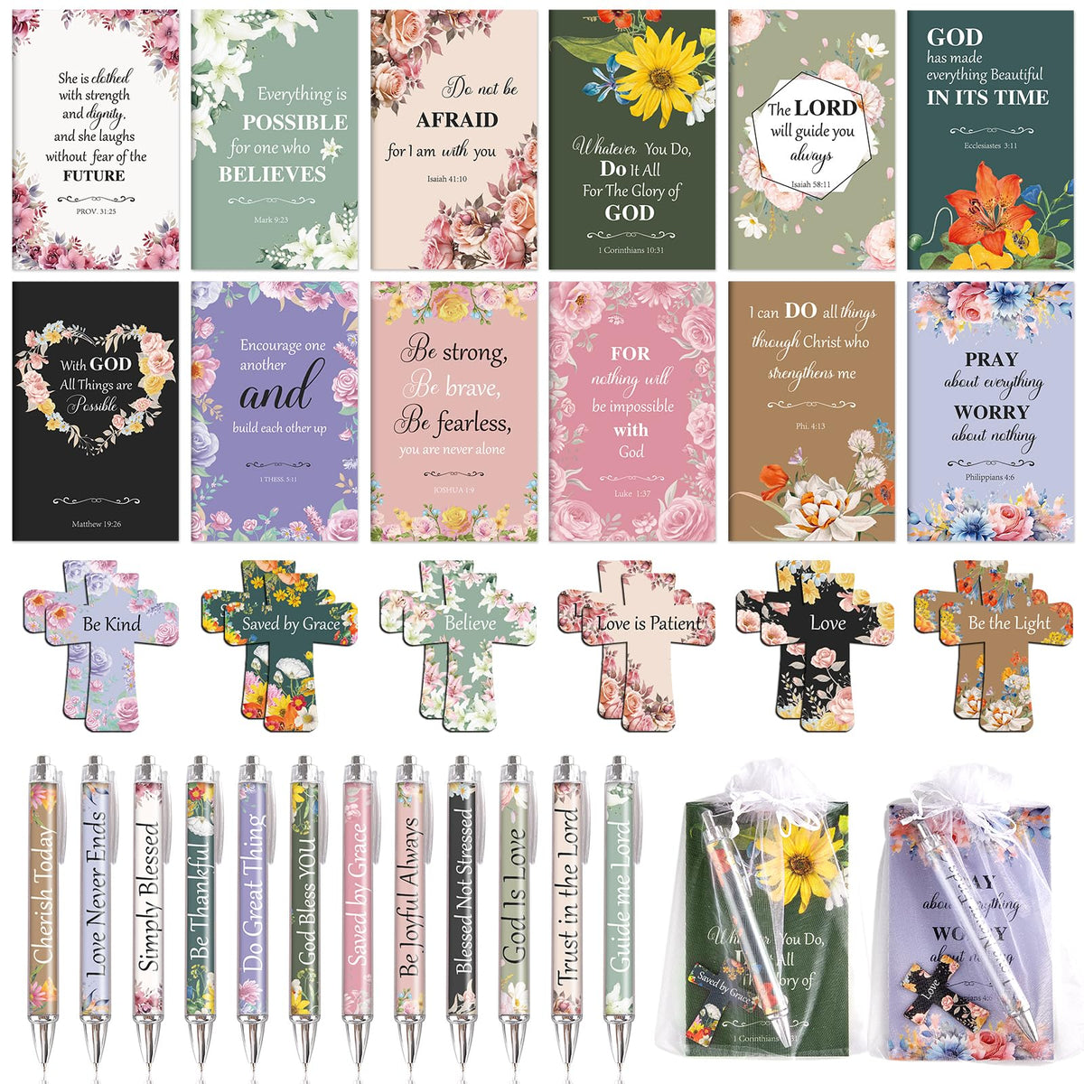 48 Pcs Christian Bulk Gifts for Women Include Bible Verse Notebook Scripture Pen Magnetic Cross Bookmark Organza Bag Inspirational Religious Journal for Church Sunday School Easter Mothers Day Prizes