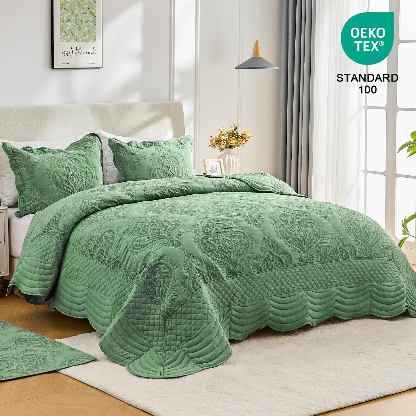 DaisyHuang Oversized Bedspread Coverlet Set Full Size - Lightweight Bedding Cover - Beautiful Stitching - 4 Piece Reversible Bedspread, Olive Green