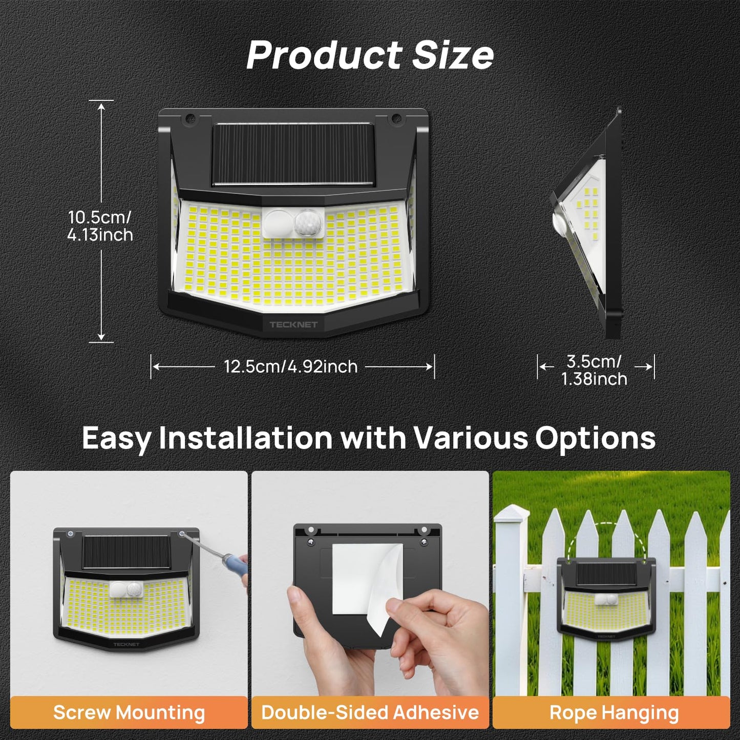 TECKNET Solar Lights Outdoor Garden, 248 LED Motion Sensor Lights, 3 Lighting Modes Outdoor Wall Lights, 300° Wide Angle, IP66 Waterproof, Solar Wall Lights for Yard Garage Garden Fence Door (4 Pack)